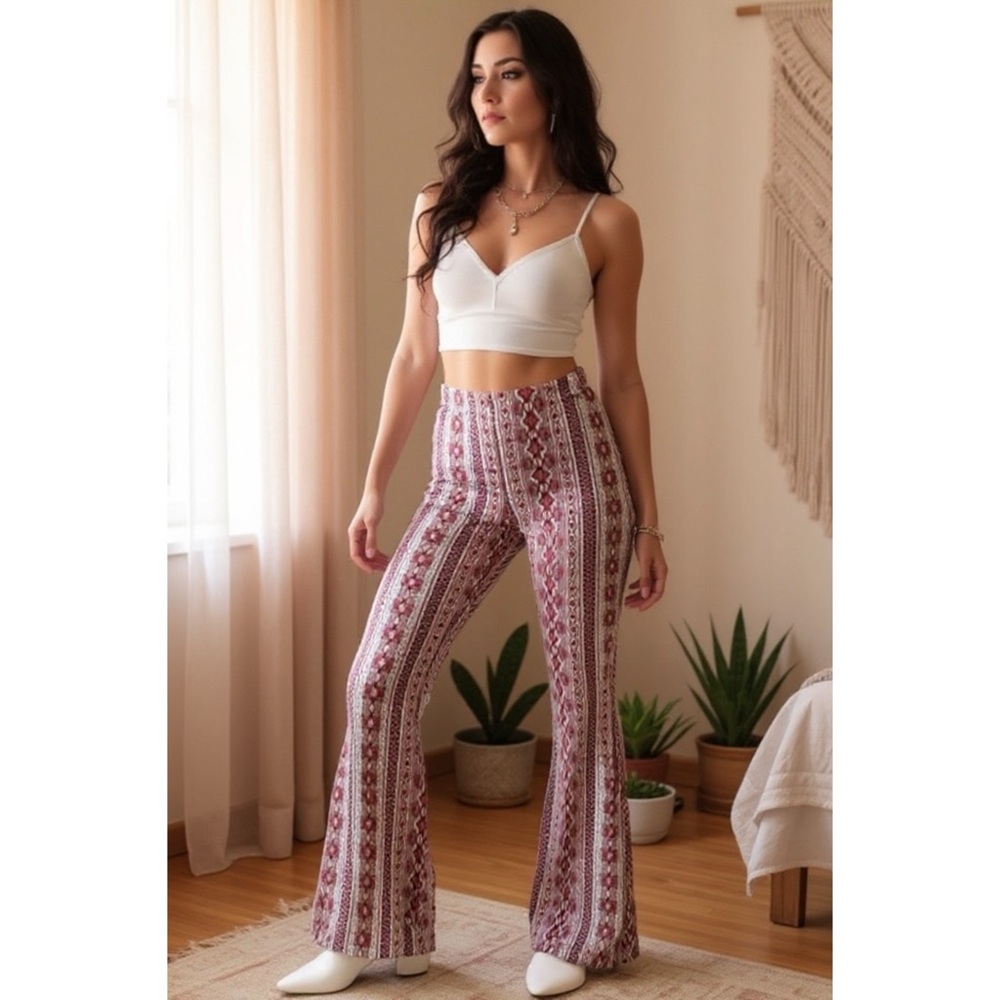 GiGio Burgundy Retro Print Flare Pants | Stretch High Rise | Fall Boho Statement - Picture 4 of 11